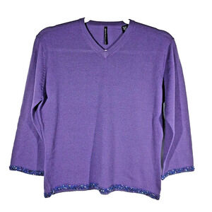 Isda & Co 100% Wool Beaded Sweater V-Neck Womens Slim Fit Large Purple EUC